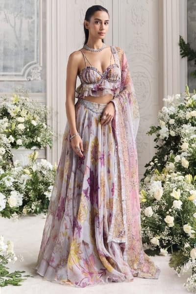 Steel lilac printed silk organza lehenga set