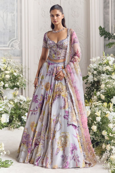 Steel lilac print embroidered lehenga set
