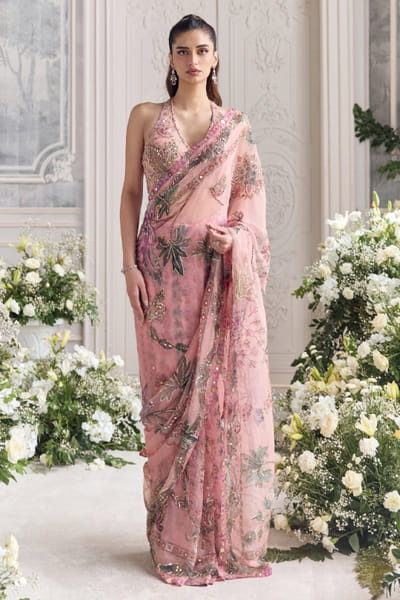 Blush pink silk organza pre-draped sari set