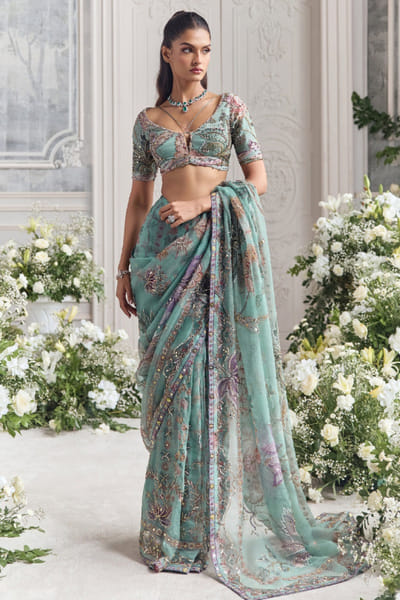 Jade green printed silk organza pre-draped sari set
