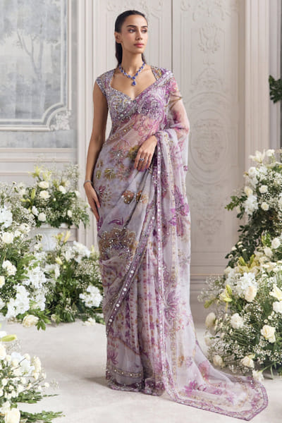 Steel lilac pre-draped embroidered sari set