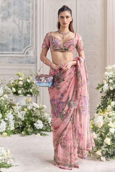 Blush pink print pre-draped embroidered sari set