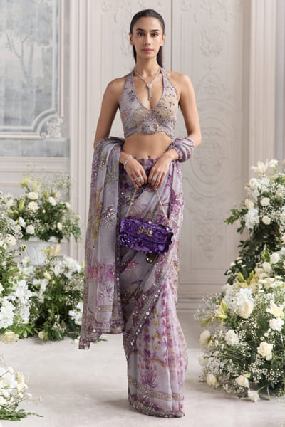 Steel lilac floral printed pre-draped sari set
