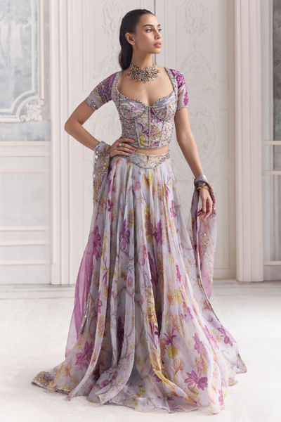 Steel lilac floral printed lehenga set