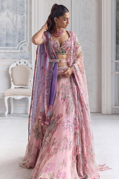 Blush pink floral printed organza lehenga set