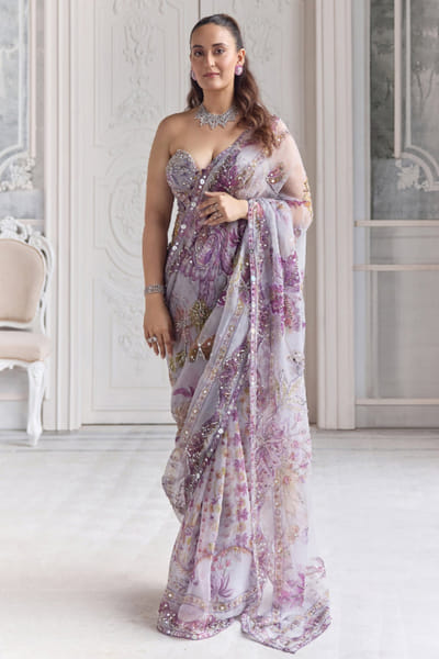 Steel lilac floral print Pre-draped sari set