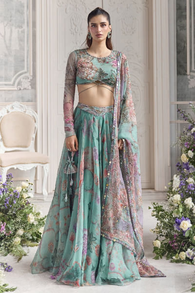 Jade green floral printed lehenga set