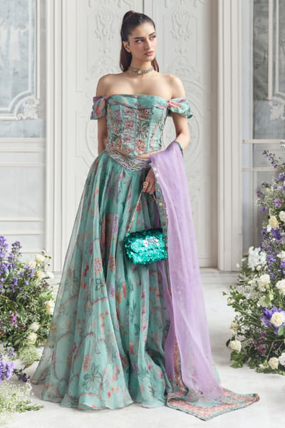 Jade green floral print embroidered lehenga set