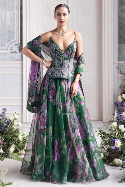 Forest green floral printed lehenga set