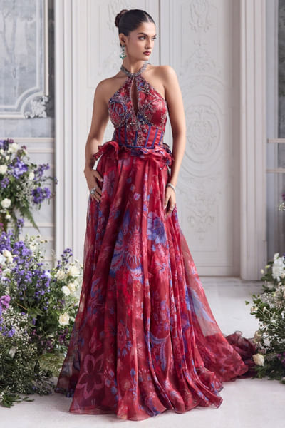 Royal red floral printed lehenga set