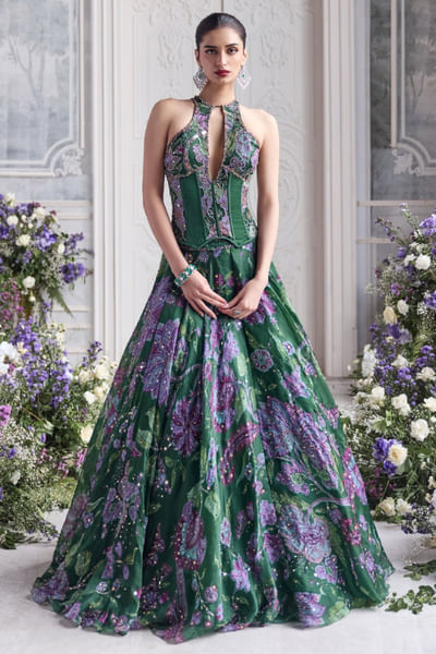 Forest green print embellished lehenga set