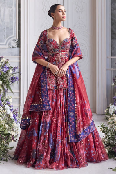 Royal red printed lehenga organza set