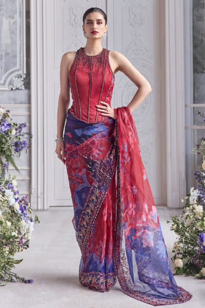 Royal red printed pre-draped organza sari set