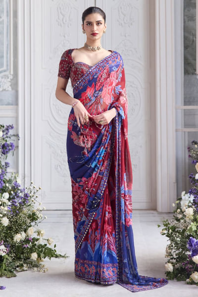 Royal red floral printed pre-draped sari set