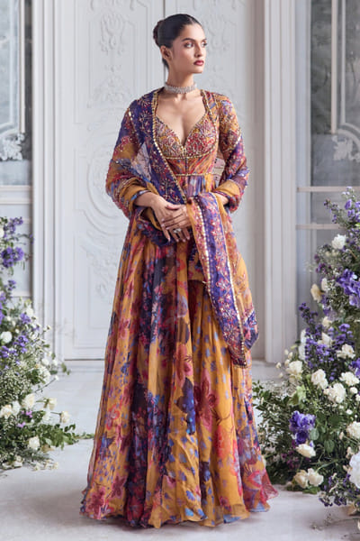 Amber yellow printed silk organza anarkali set