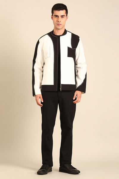 Black colour blocked bomber jacket