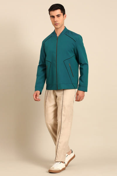 Blue and green malai cotton bomber jacket
