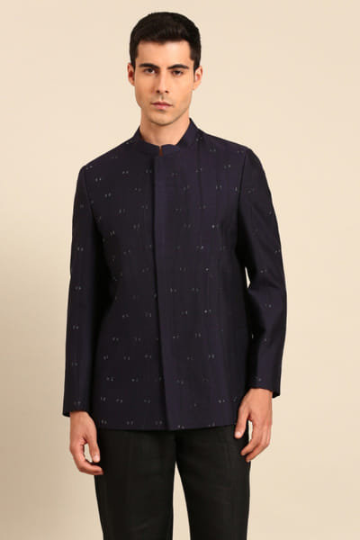 Navy blue cotton silk bandhgala