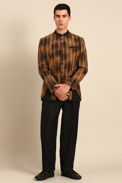 Brown and black printed muslin bandhgala