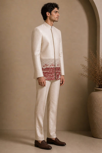 Mayank Modi Beige hand embroidered bandhgala MAYAAUG26D151617