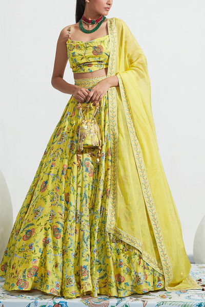 Yellow embroidered organza lehenga set