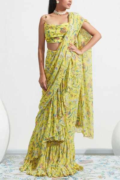 Yellow printed ruffle sari set