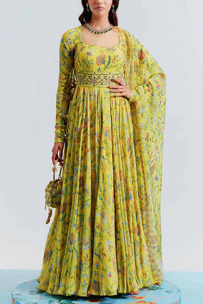 Yellow embroidered anarkali set