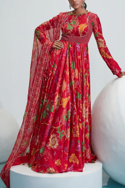 Red embroidered anarkali set