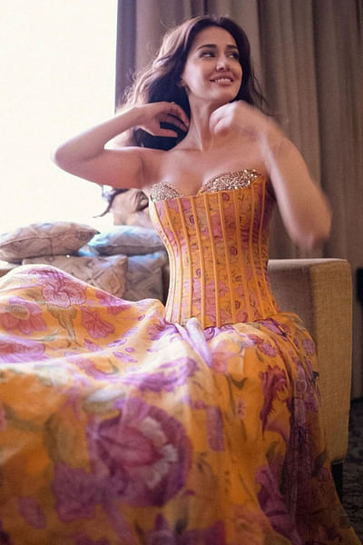 Mustard yellow floral printed corset gown