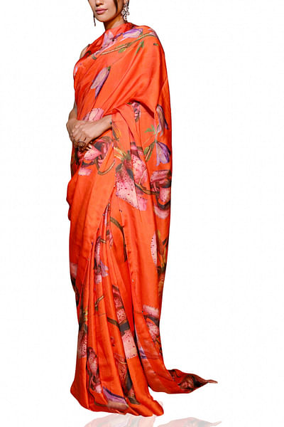 Orange satin printed sari set