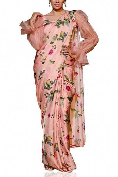 Blush satin printed sari set