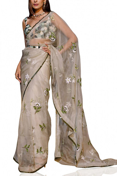 Jade embroidered organza sari set