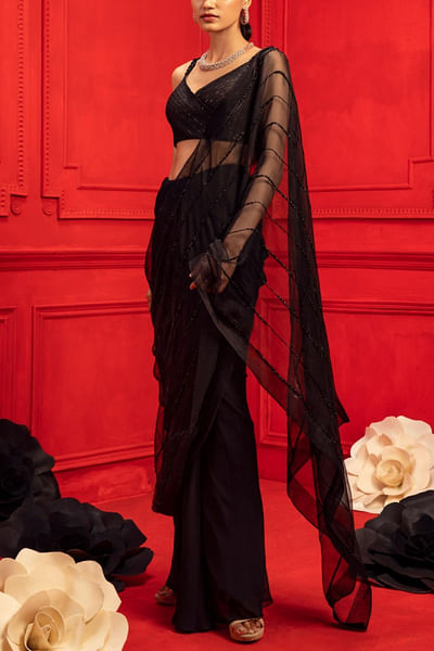 Black draped sari set