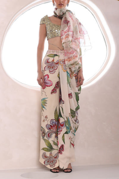 Ivory floral print draped dhoti set