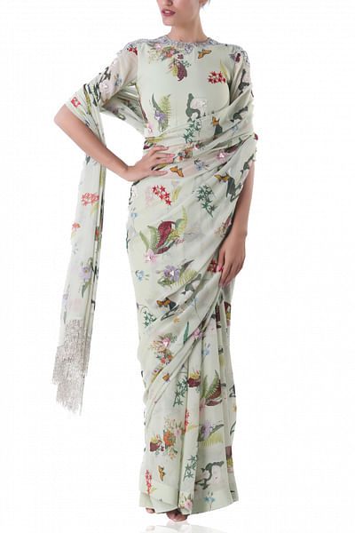 Sage green printed sari