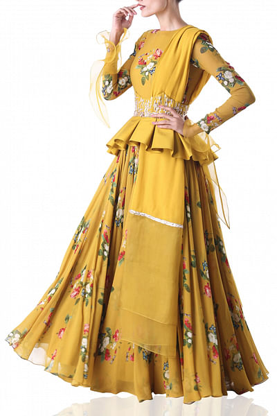 Mustard corset belt anarkali