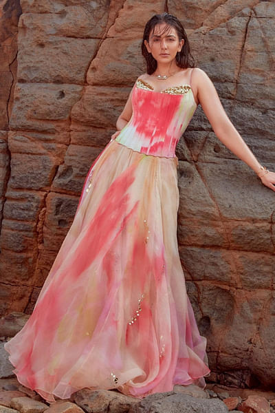 Multicolour shaded print corset anarkali gown set