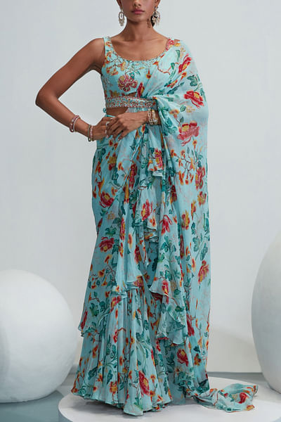 Blue printed ruffle sari set