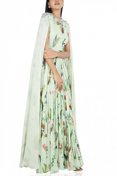 Printed gown with cape sleeves
