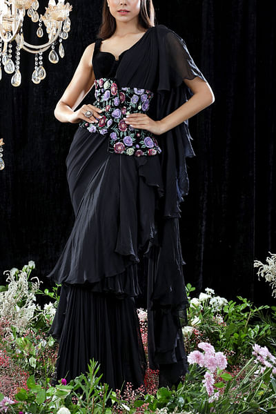 Black organza ruffled sari set
