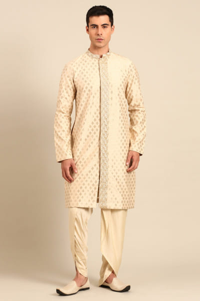Beige and gold silk banarasi kurta set