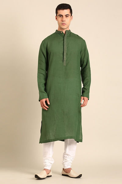 Green linen kurta set