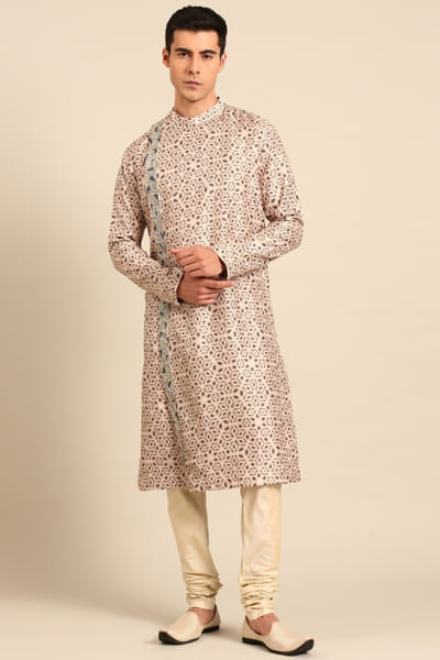 Beige and black silk kurta set