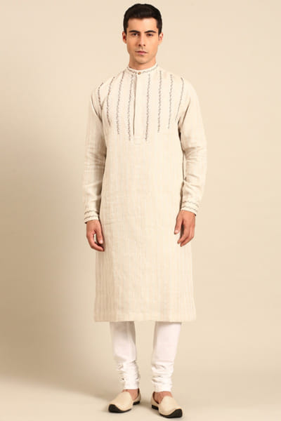 Beige threadwork embroidered kurta set