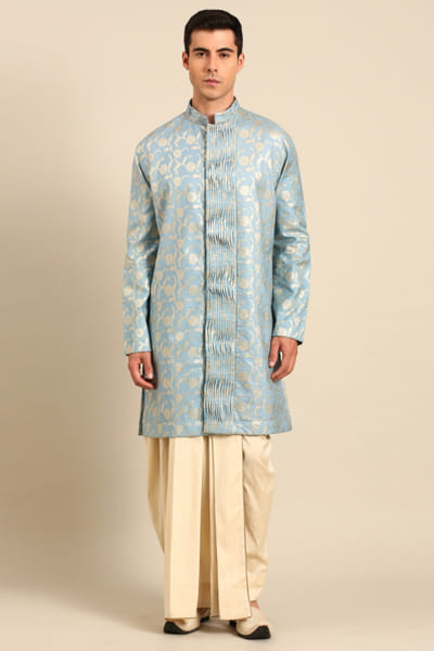 Blue gold Banares silk dhoti kurta set