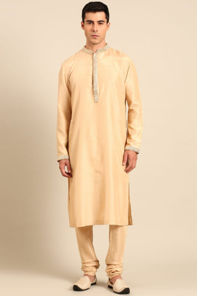Beige and gold embroidered silk kurta set