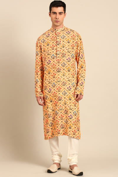 Light yellow printed muslin kurta set