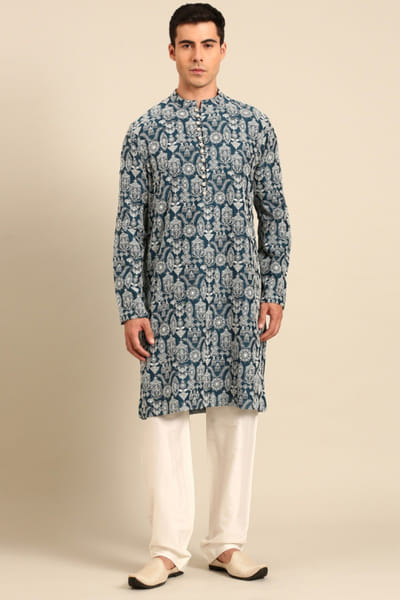 Blue and white chanderi kurta set