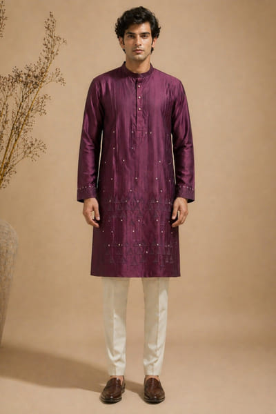 Mayank Modi Purple thread embroidered chanderi kurta set MAYAAUG26D151620