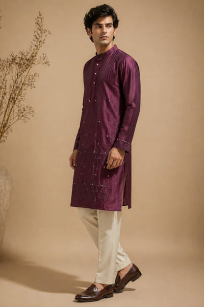 Mayank Modi Purple thread embroidered chanderi kurta set MAYAAUG26D151620